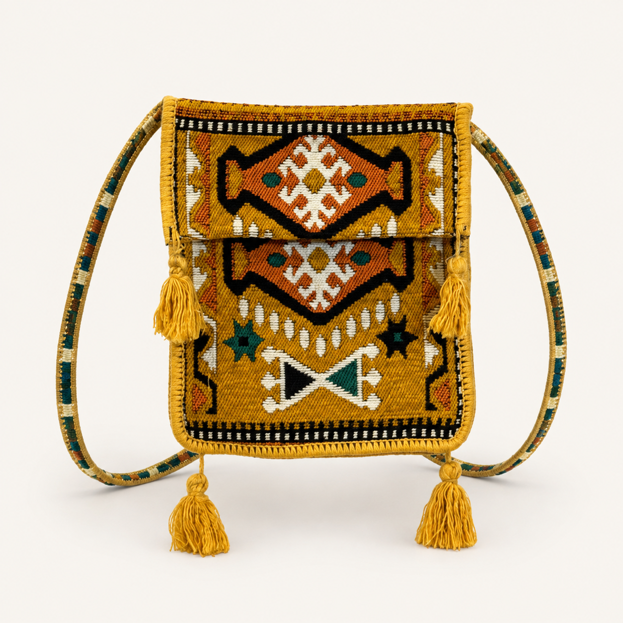 Kashani Textil-Umhängetasche mit Ornamentmuster – Senfgelb