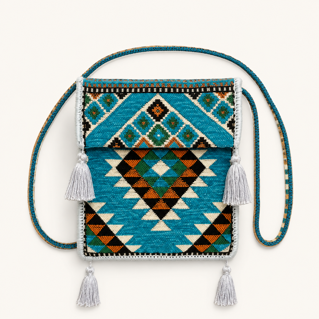 Kashani Textil-Umhängetasche mit geometrischem Muster – Türkis