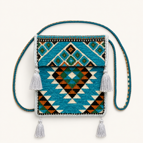 Kashani Textil-Umhängetasche mit geometrischem Muster – Türkis