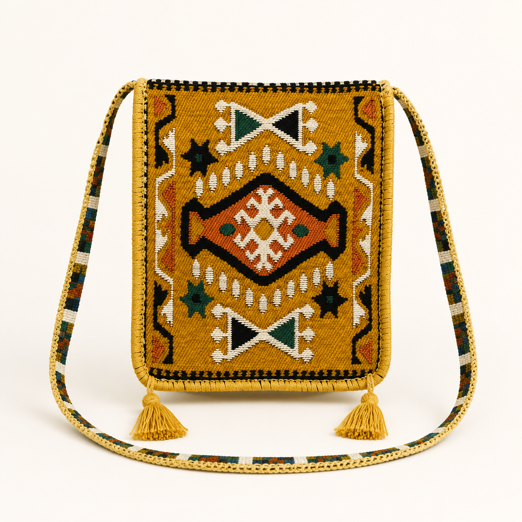 Kashani Textil-Umhängetasche mit Ornamentmuster – Senfgelb