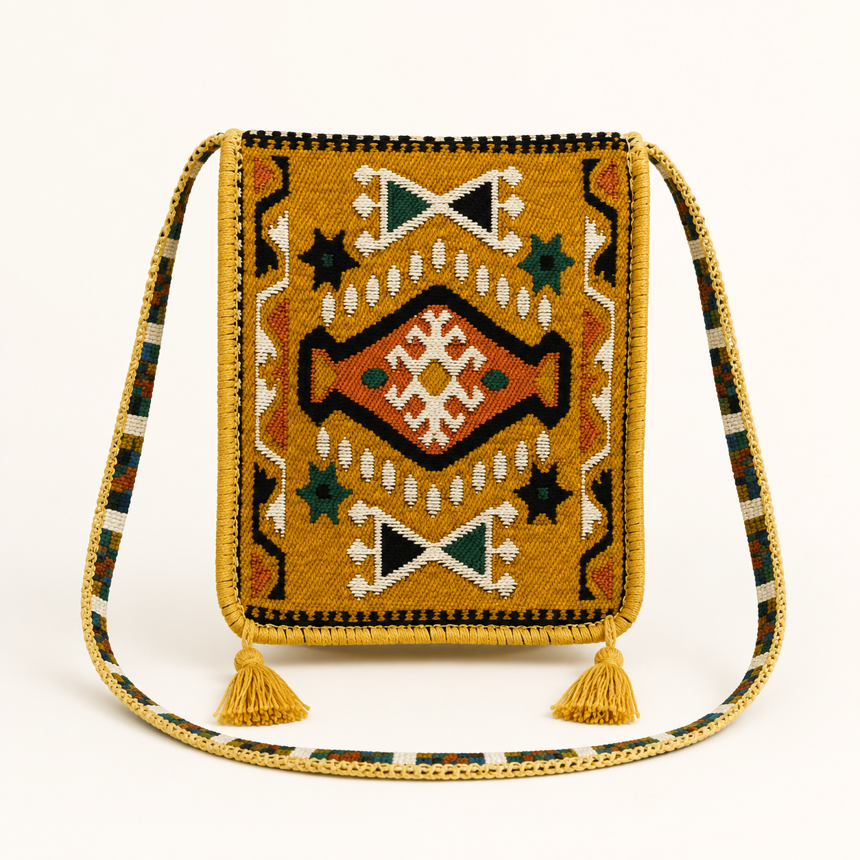 Kashani Textil-Umhängetasche mit Ornamentmuster – Senfgelb